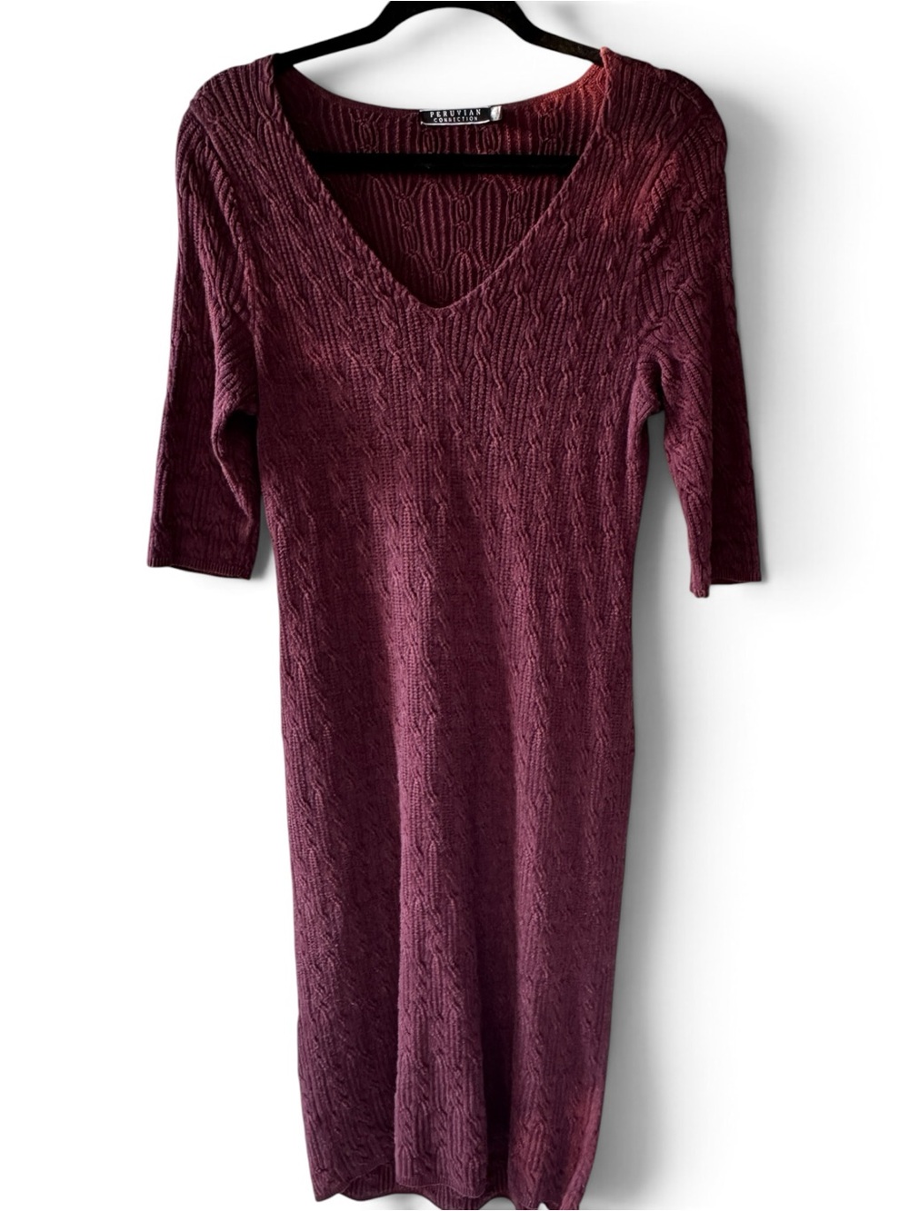 Peruvian Connection Cable-Knit sweater dress V-Neck Midi Burgundy size MP